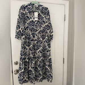 ZARA The Sunny Dress Size Large Navy/Cream Print NWT